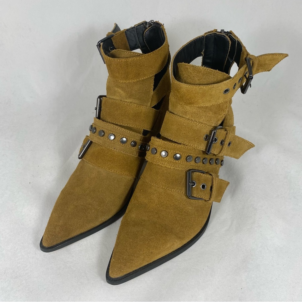 Zara Suede Studded Buckle Pointed Toe Cutout Ankle Boot